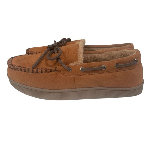 Tan Moccasin Slippers Mens Indoor Outdoor Fleece Lined Small Cozy Winter Lounge - Picture 6 of 10